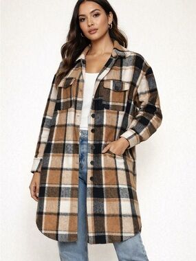 Plaid Long Shacket Jacket in Brown/Black/Cream